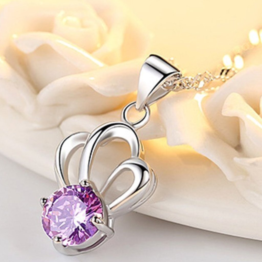 925 Sterling Silver Crystal Zircon Crown Pendant Necklace For Woman, J625